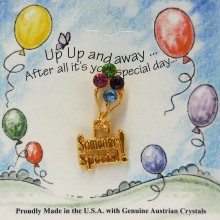 four round genuine Austrian crystals hand set to form a bouquet of balloons that suspend from a string holding the message "Someone Special" that floats freely from the balloons.