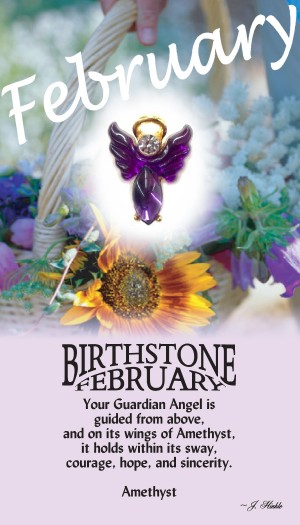 A handset amethyst cabochon moonstone body with a matching handset custom manufactured modulated wings that are very reflective. A Genuine Austrian Crystal is used as the head stone. This lapel pin has a 14Kt gold finished halo hovering over the head.