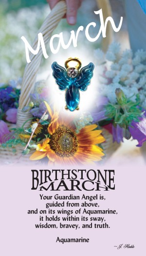 A handset aquamarine cabochon moonstone body with a matching handset custom manufactured modulated wings that are very reflective. A Genuine Austrian Crystal is used as the head stone. This lapel pin has a 14Kt gold finished halo hovering over the head.