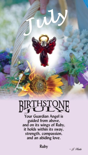 A handset ruby cabochon moonstone body with a matching handset custom manufactured modulated wings that are very reflective. A Genuine Austrian Crystal is used as the head stone. This lapel pin has a 14Kt gold finished halo hovering over the head.