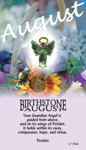 A handset peridot cabochon moonstone body with a matching handset custom manufactured modulated wings that are very reflective. A Genuine Austrian Crystal is used as the head stone. This lapel pin has a 14Kt gold finished halo hovering over the head.