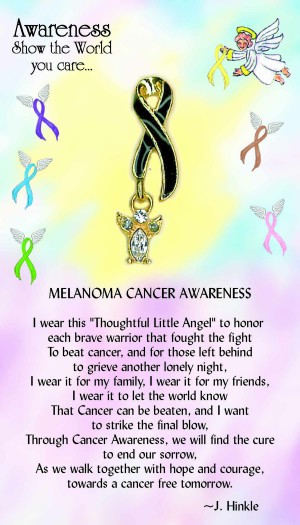 Our Melanoma Cancer Awareness Angel pin has a black Melanoma Cancer Awareness ribbon which is layered in a 14Kt gold finish with hand painted epoxy accents. The ribbon has a free hanging angel which has a faceted body stone and a Genuine Austrian Crystal head.