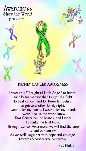 Our green Kidney Cancer Awareness ribbon which is layered in a 14Kt gold finish with hand painted epoxy accents. The ribbon has a free hanging angel which has a faceted body stone and a Genuine Austrian Crystal head.