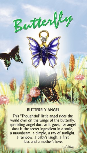 Layered in a 14Kt gold finish. The butterflies wings are accented with hand painted epoxy and the body is a sparkling faceted stone. The butterfly has a Genuine Austrian Crystal head and a halo hovering over the angel. Each pin comes on a colorful greeting card that can be used as a gift card.