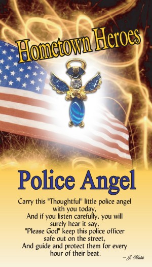 Our Police Angel has a blue moonstone body with matching hand painted glitter epoxy on the wings. The angel has a Genuine Austrian Crystal head with a halo which is layered in a 14Kt gold finish.